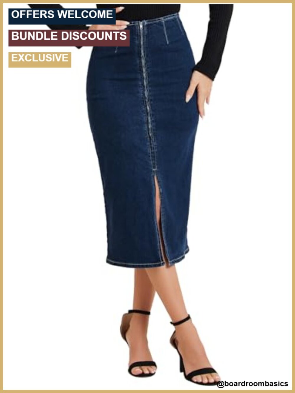 High Waist Stretchy Denim Pencil Midi Skirt with Front Slit